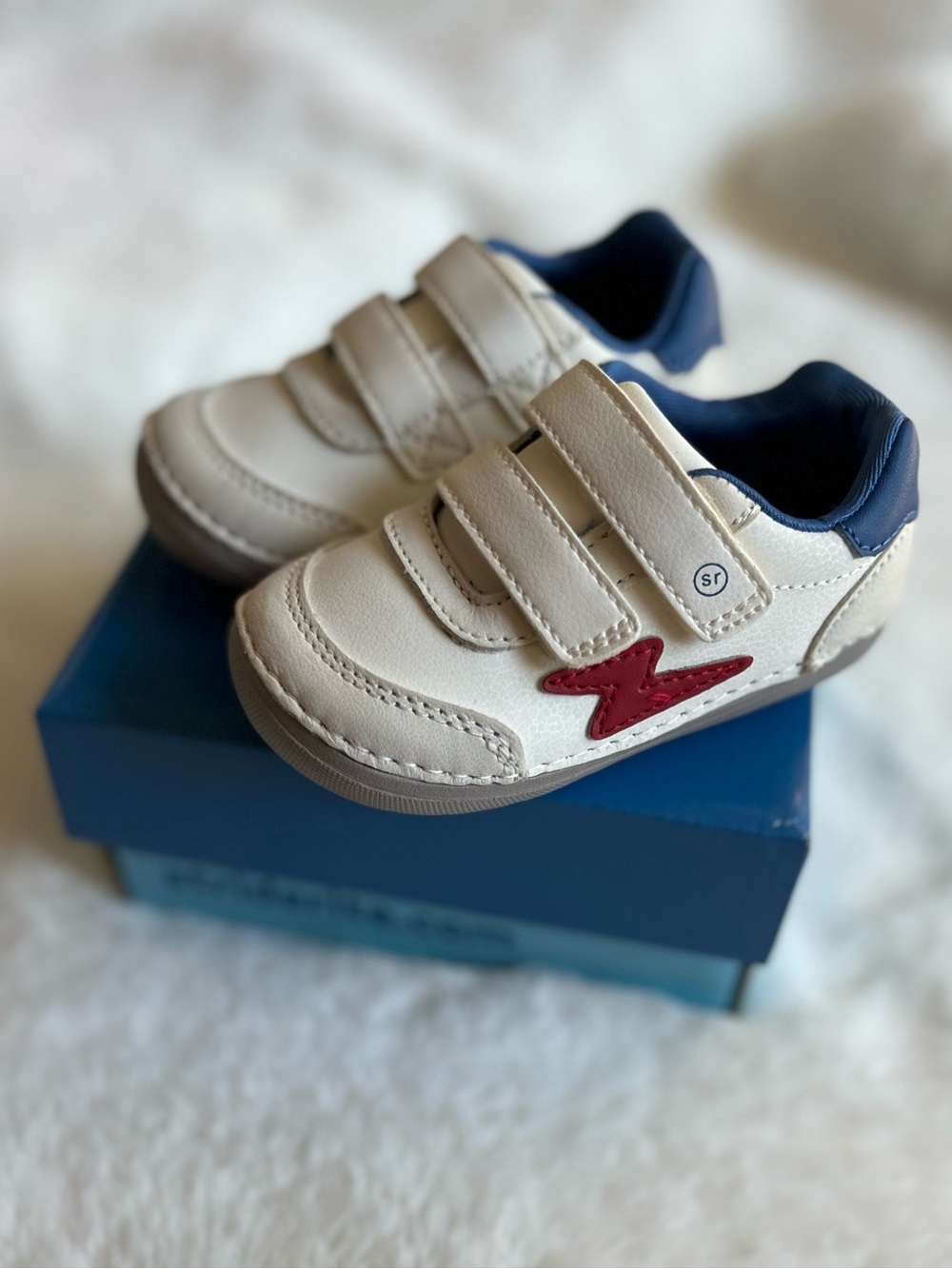Stride Rite White and Navy Velcro Sneakers with Red Accent 5M